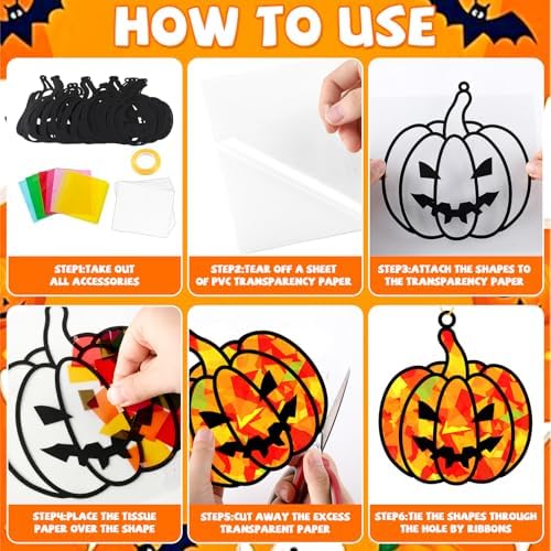 32 Sets Fall Halloween Pumpkin Suncatchers Craft Kit DIY Window Stained Glass Effect Halloween Pumpkin Paper Craft Home School Classroom Decoration Kid Birthday Gift Creative Art Project Activity Game - Image 3