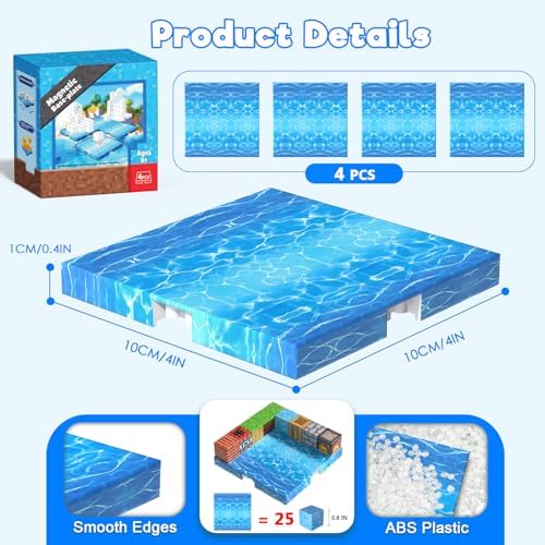 4PCS 4" x 4" Magnetic Building Block Base Plates for Kids, Strong Grip Magnetic blocks Base Compatible with Most Popular Magnetic Blocks & Cubes, STEM Educational Toys for Boys Girls Ages 3+ (Water） - Image 3