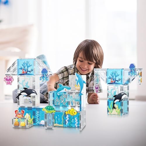 PicassoTiles 52 PCS Magnetic Tiles Ocean Animal STEM Set 8 Figures Ages 3+ - Image 2