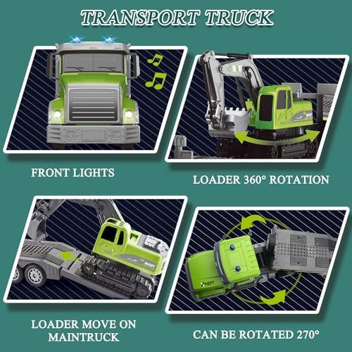 Fistone RC Semi-Trailer Truck & Excavator Toy Set, 1:12 Scale with Sound and Lights, 2.4Ghz Remote Control Flatbed Truck and Excavator Toys for Boys 6-12 Years Old - Image 5