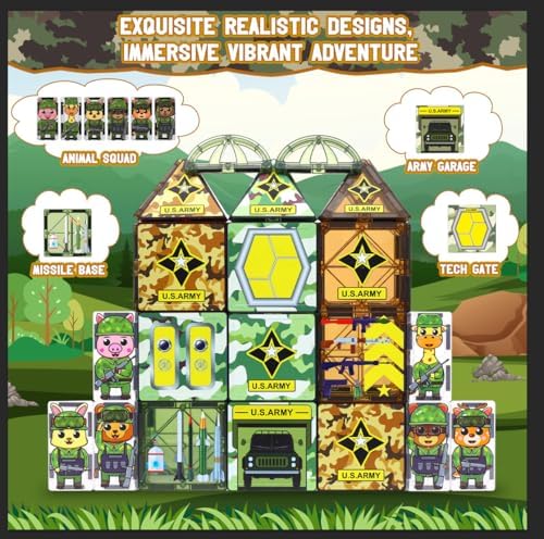 63Pcs Army Toys Magnetic Tiles Building Blocks Set with 5 Military Cars Men - Image 4