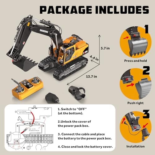 Remote Control Excavator Toys, 3-in-1 Metal Bucket/Claw/Drill, Turns 680° - Construction Toys with Lights/2 Recharge Batteries/Music, Christmas Birthday Gifts Mini RC Excavator Toys Boys for 3+ - Image 5