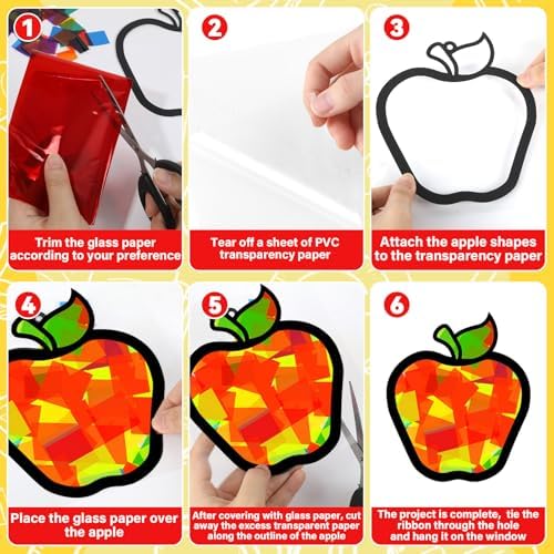 QOUBAI 32 Sets Apple Suncatchers Craft Kit DIY Window Stained Glass Effect Fall Apples Paper Craft for Home School Classroom Decor Kid Birthday Gifts Creative Art Projects Activity Game - Image 3