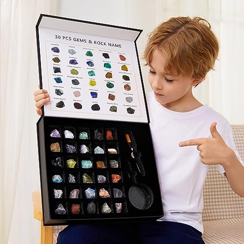 Rock Collection for Kids - 30Pcs Rocks, Gemstones & Crystals Kit by YXZZWL