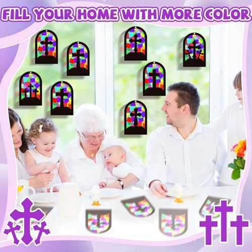 QOUBAI 32 Sets Cross Suncatchers Craft Kit DIY Religious Window Stained Glass Effect Christian VBS Paper Hanging Ornament Kid Easter Sunday School Birthday Gift Creative Art Project Activity Game - Image 6