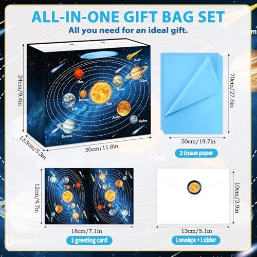 Solar System Gift Bag Outer Space Birthday All-in-One Kit with Greeting Card Sticker Envelope & Blue Tissue Paper for Astronomy Galaxy Planets Theme Gift Wrapping Educational Supplies Classroom Gifts - Image 2