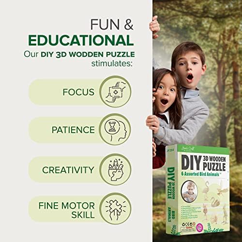 Hands Craft DIY 3D Wooden Puzzle – 6 Assorted Bird Animals Bundle Pack Set Brain Teaser Puzzles Educational STEM Toy Adults and Kids to Build Safe and Non-Toxic Easy Punch Out Premium Wood JP2B4 - Image 4