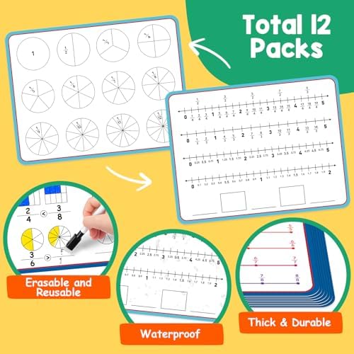 Aizweb 12 Pack Fraction Manipulatives Dry Erase Board,12"x9" Fraction Number Line Bars,Math Manipulatives Fraction Games Flash Cards for 4th-8th Grade Kids,Homeschool Classroom Teaching Supplies - Image 2