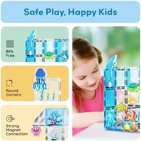 PicassoTiles 52 PCS Magnetic Tiles Ocean Animal STEM Set 8 Figures Ages 3+ - Image 6
