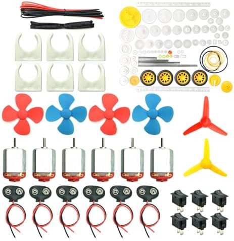 6 Set DC Motors Kit, Mini Electric Hobby Motor 3V -12V 25000 RPM Strong Magnetic with 86Pcs Plastic Gears, 9V Battery Clip Connector,Boat Rocker Switch,Shaft Propeller for DIY Science Projects by EUDAX