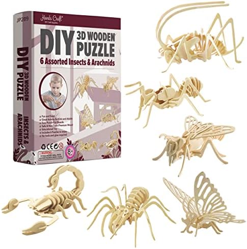 Hands Craft DIY 3D Wooden Puzzle – 6 Assorted Insects & Arachnids Bundle Pack Brain Teaser Puzzles Educational STEM Toy Adults and Kids to Build Safe and Non-Toxic Easy Punch Out Premium Wood JP2B9 by HandsCraft