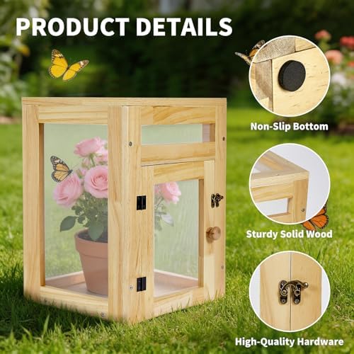 Wooden Butterfly Habitat Cage Kit, 15.75 Inch Monarch Caterpillar Habitat, Mesh Butterfly Enclosure for Raising Butterflies, Insect Observation House for Kids, Classroom, Garden - Image 3