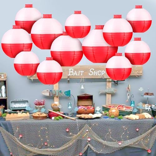 Fishing Bobber Paper Lanterns Round Decoration Lantern 12 PCS Red and White Hanging Paper Lanterns for Fishermen Theme Party Decoration Supplies Birthday Decor - Image 2