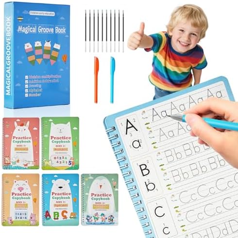 Magic Grooved Writing Books for Kids-Handwriting Practice for Kids 5-8 - Tracing Books for Kids Ages 3-5 - Preschool, Kindergarten Learning-Letters, Numbers, Math, Drawing (Blue Box, 10.3 in x 7.3 in) by QMUBOT