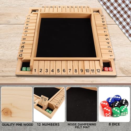 GSE 1-4 Player Wooden 4-Way Shut The Box 12 Number Dice Game Board, Natural - Image 2