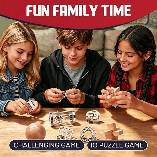 9pcs Metal & Wooden Brain Teaser Puzzles Set, 3D Brain Teasers Steel Puzzles for Adults Teens Kids, Educational IQ Unlock Interlock Puzzle Gift Set - Image 2