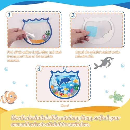42PCS Summer Activities Crafts Bulk: Sea Animal Ocean Scene Paper Suncatchers, Under the Sea Party Fish Stickers DIY Kit School Classroom Decorations, Window Stained Glass Effect Art Supplies - Image 5