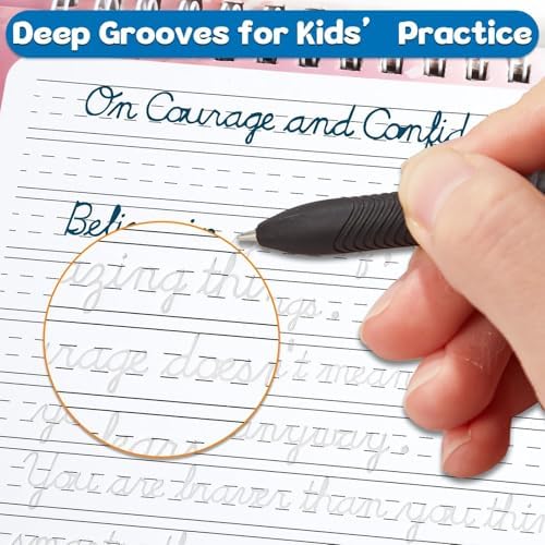 gisgfim 4 Pack Grooved Cursive Handwriting Workbook Kit Magic Reusable Grooved Handwriting Practice with Disappearing Ink Pens Cursive Workbook for Kids Number Poems Jokes & Riddles Inspiring Quotes - Image 6