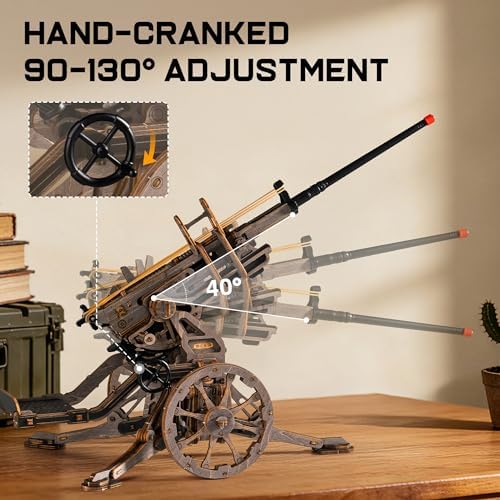 ROKR Anti-Aircraft Gun 3D Wood Puzzle for Adults - Mechanical Rubber Band Shooting Model Kit, DIY Building Set for Teens and Hobbyists, Desktop Decor - Image 4