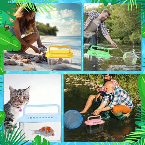 48 Pcs Plastic Fish Bowl with Ventilated Lids and Fishing Net Bulk Set Include 24 Fish Bowl with Handle and 24 Fishing Nets for Collecting Fishes Crabs Sea Creatures for Beach Party Favors - Image 5