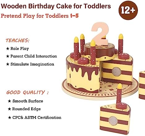Pretend Play Food for Toddlers 2-5,Wooden Birthday Fake Cake Toy - Image 4