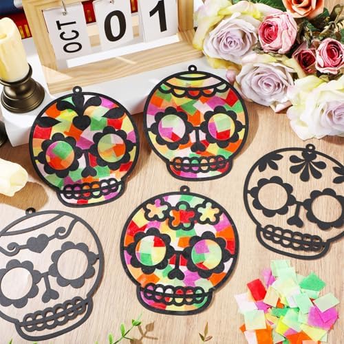 Qyeahkj 36 Set Day of The Dead Suncatchers Crafts for DIY Skull Window Tissue Paper Craft Kit Hanging Decor for Mexico Home Activity Art Project Birthday Party Favor Gift - Image 4