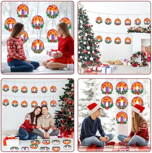 Qyeahkj 36 Set Christmas Advent Wreath Suncatchers Crafts for DIY Advent Candle Tissue Paper Craft Kit Hanging Decor for Xmas Holiday Home Activity Art Project Birthday Party Favor Gift - Image 7