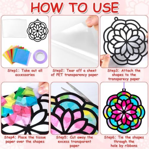 Qyeahkj 36 Set Mandala Suncatchers Crafts for Kids DIY Mandala Window Tissue Paper Craft Kit Art Flower Hanging Decor for Summer Home Activity Art Project Birthday Party Favor Gift - Image 4