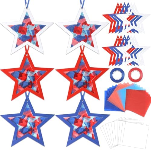 Qyeahkj 36 Set 4th of July Suncatchers Crafts for DIY Patriotic Star Window Tissue Paper Craft Kit Star Hanging Decor for Patriotic Home Activity Art Project Birthday Party Favor Gift by Qyeahkj