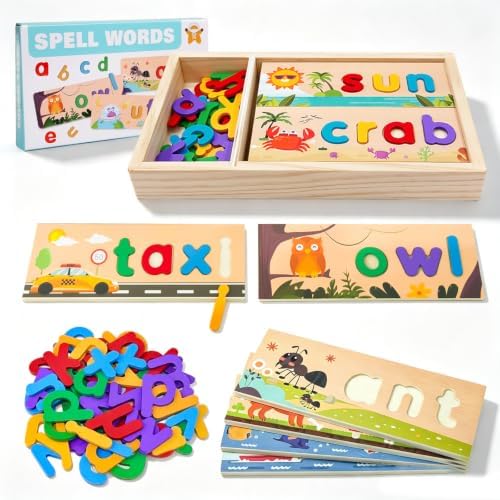 Wooden See and Spell Word Game Learning Toys for Kids 3-6 Puzzle Board by TOYCASTLE