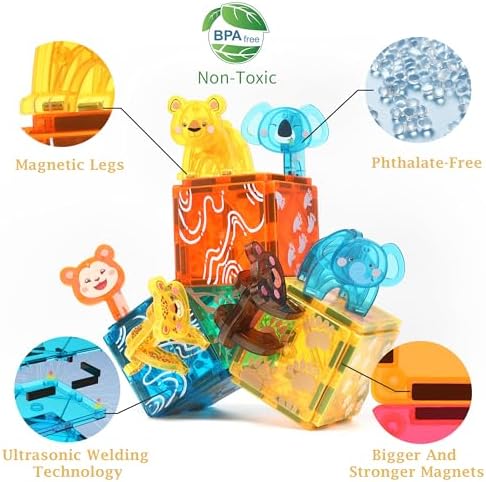 MEGAGONTILES Zoo Animals Magnetic Tiles Set 108PCS | STEM-Authenticated Magnetic Building Blocks with Animal Figures | Educational Construction Toy for Toddlers & Kids Ages 3–8 (Boys & Girls) - Image 3