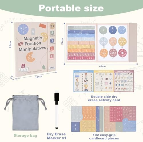 Magnetic Fraction Manipulatives for Kids, 102-Piece Fraction Tiles & Circles Set with Dry-Erase Practice Cards, Fraction Bars for Whiteboard, Homeschool & Elementary Classroom Math Aid - Image 6