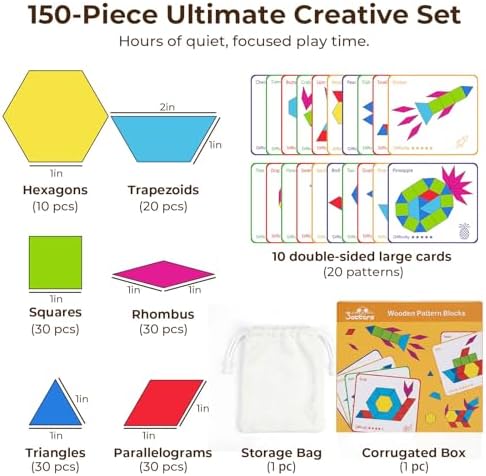 3 Otters 150Pcs Wooden Pattern Blocks Set, Geometric Tangram Shapes - Image 2