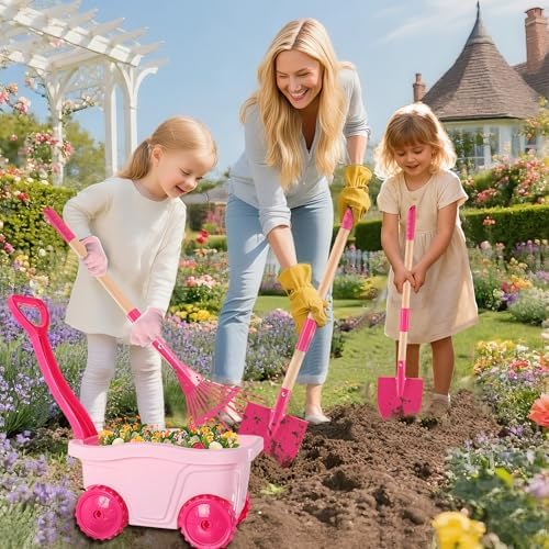 Duckura Kids Gardening Set with Wheelbarrow, Metal Garden Tools for Girls - Image 3