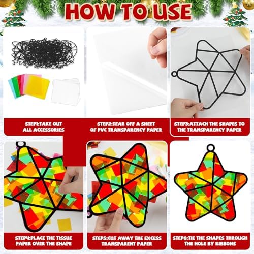 QOUBAI 32 Sets Christmas Theme Suncatchers Craft Kit DIY Window Stained Glass Effect Christmas Theme Paper Crafts Home School Classroom Decoration Kid Birthday Gift Creative Art Project Activity Game - Image 3
