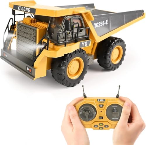 KidsFaves RC Dump Truck, 9CH Remote Control Dump Truck with Metal Dump Bed, 45° Lifting & 360° Rotation, 2 Batteries, Lights & Sounds, Construction Toy for Boys Age 3+ by KidsFaves