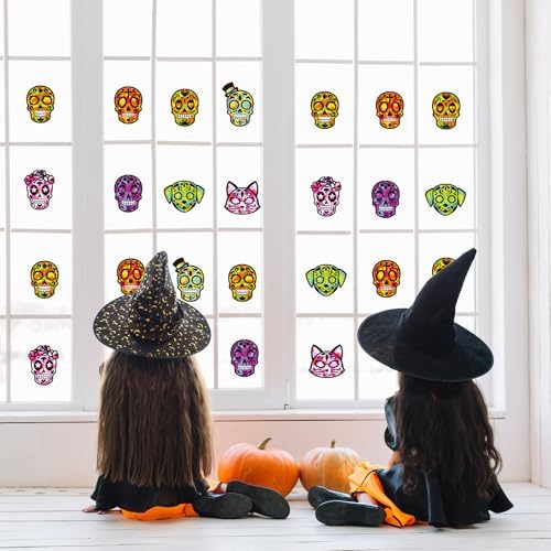 Renbuzhu 36PCS Dia De Los Muertos Crafts Bulk: Sugar Skull Paper Suncatchers DIY Kit for Day of The Dead Halloween Party Activities Decorations, Window Stained Glass Effect Art Supplies - Image 3