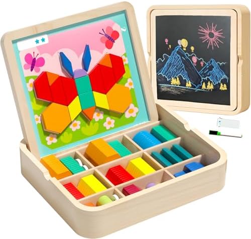 248 Pcs Wooden Magnetic Pattern Block Set with Cards, Pen & Storage Bag, Montessori STEM Tangram Puzzle Toys for Toddlers 4 5 6 7 8, Educational Brain Teaser Gift for Boys Girls by Migargle