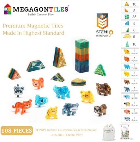 MEGAGONTILES Zoo Animals Magnetic Tiles Set 108PCS | STEM-Authenticated Magnetic Building Blocks with Animal Figures | Educational Construction Toy for Toddlers & Kids Ages 3–8 (Boys & Girls) - Image 2