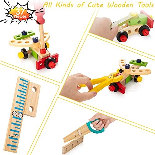 WOODMAM Wooden Kids Tool Set, 37Pcs Learning Construction Toy with Tool Box, Montessori Educational Building Toys Gift for 3+ Years Old Boys Girls - Image 5