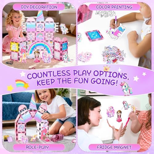 Magnetic Tiles Unicorns Princess Castle with 5 Dolls & Magnetic Decors Kit - Image 5