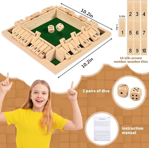Shut The Box Game 2-4 Players Classic Dice Board Game 10 Numbers Table Math Games Traditional Wooden Family Game for Night Pub Bar Classroom Travel Improves Mathematical Skills (Green) - Image 3