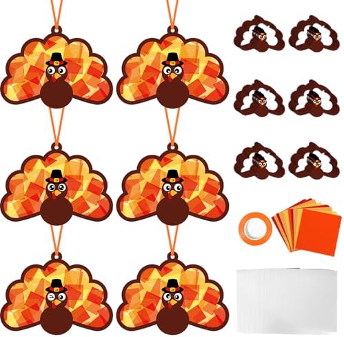 Qyeahkj 36 Set Thanksgiving Turkey Suncatchers Crafts for DIY Fall Window Tissue Paper Craft Kit Autumn Hanging Decor for Harvest Home Activity Art Project Birthday Party Favor Gift by Qyeahkj
