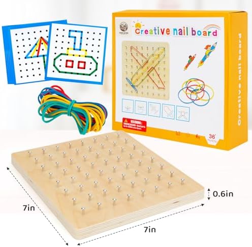 2Pack Wooden Geoboard,Montessori Toy,Graphical Mathematical Education Toy for Kids with Pattern Cards and Rubber Bands to Figures and Shapes, Brain Teaser STEM Toy Geo Board. - Image 3