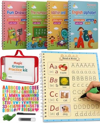 Little Ateliér Magic Grooved Writing Practice for Kids 3-8 Year Old – Reusable Grooved Handwriting Workbooks, Indented Handwriting Practice, Carrying Bag, Stickers, Pen, 5 Refills by Unknown