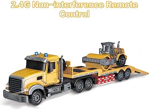 Fistone RC Semi Truck with Trailer, 1:24 RC Semi-Trailer Engineering Tractor with Sound and Lights, 2.4Ghz Remote Control Flatbed Truck with Road Roller Toys, Construction Vehicles Toy for Boys - Image 4