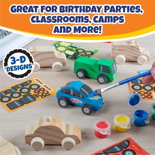 Kids Paint Your Own Wooden Car Craft Kits (12 Pack) – DIY Wood Painting Art Kits, Individually Wrapped w Paint, Brush & Bonus Decal Stickers – Party Favors, Classroom Crafts, Bulk Kids Activities - Image 5