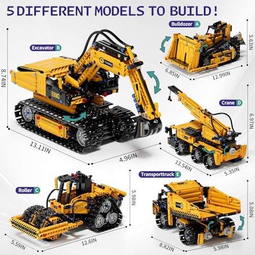 DOLIVE 5 in 1 STEM Building Block Set, App & Remote Control Construction Vehicle Kit, DIY Excavator Crane Truck Bulldozer Roller, Educational Birthday Gift for Kids 8-14 Years Old - Image 4