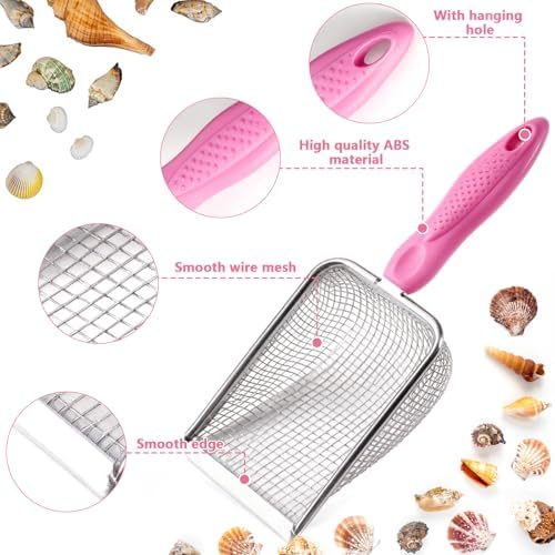 fethwoin 2Pcs Shark Tooth Sifter with 2Pcs Mesh Shell Bags, Beach Sand Sifter, Sea Shell Scooper for Beach, Sand Beach Toys for Kids, Medium, Pink - Image 3