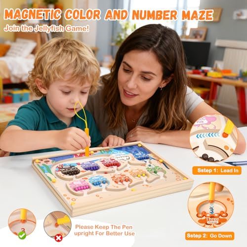 4-in-1 Magnetic Color and Number Maze Toys Box with Alphabet Puzzles Drawing Board, Wooden Storage Montessori Toy for 3-5 Year Old, Toddlers Educational Learning Toy Gifts for Kids Boys Girls - Image 3